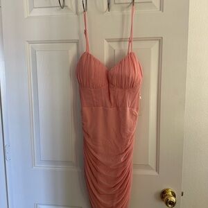 Fitted Coral Pink Spaghetti Strap Ruched Mini Dress